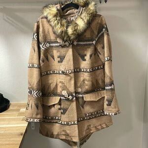 Like new BB Dakota mid length jacket with faux fur hood